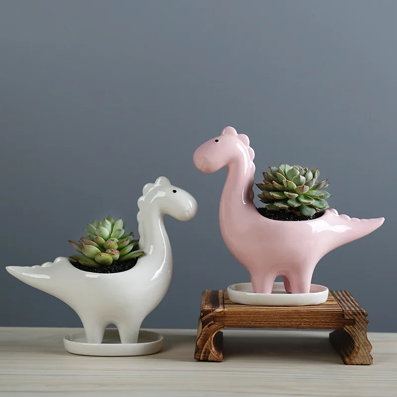 Japanese Garden Bonsai - Ceramic Cartoon Dinosaur Planter with Tray,